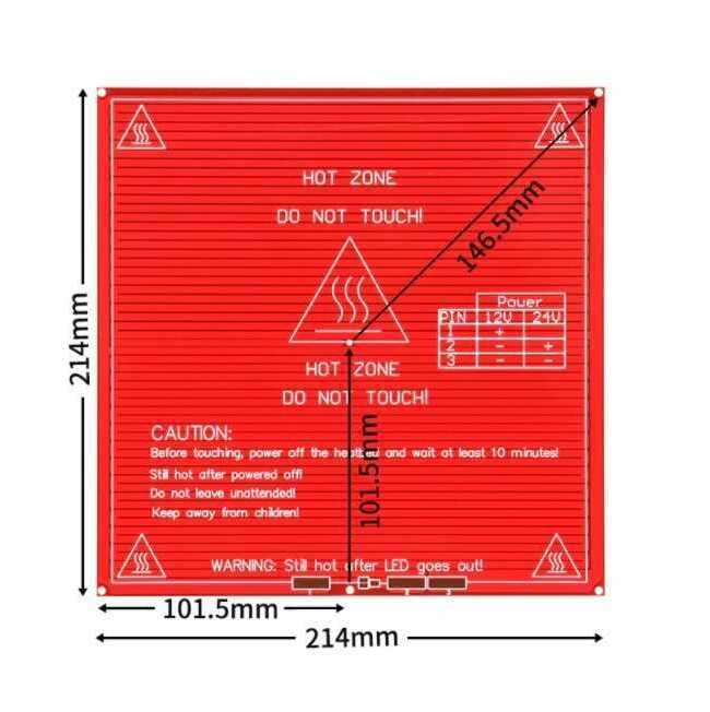 3D Yazıcı 12V/24V MK2B Isıtıcı Tabla - 214x214mm - Termistörlü